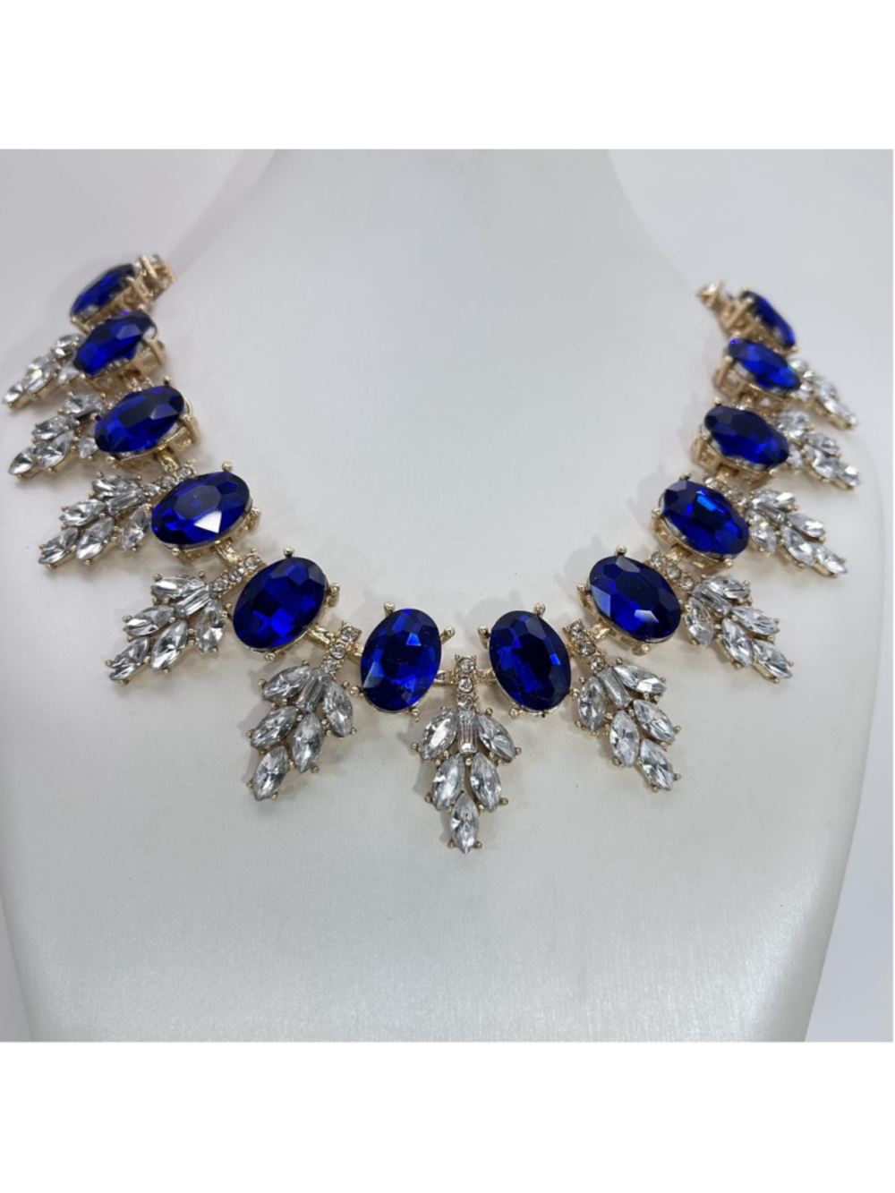 VTG Blue Rhinestone Statement Bib Necklace Gold Tone Crystal Prom Wedding Formal
